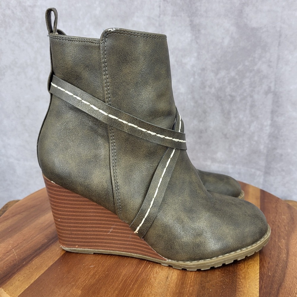 Diba Wedge Boots Womens Alberta‎ 8 M Brown Faux Leather Side Zip Booties Pull On
